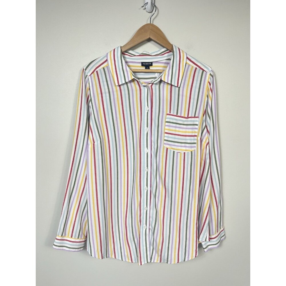 Torrid Blouse Womens Size 2 Rainbow Stripe Button Down Long Sleeve Collared